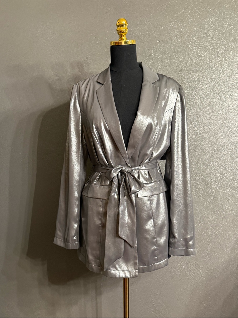 Anthropologie Maeve Silver Metallic Tie-Waist Blazer Jacket